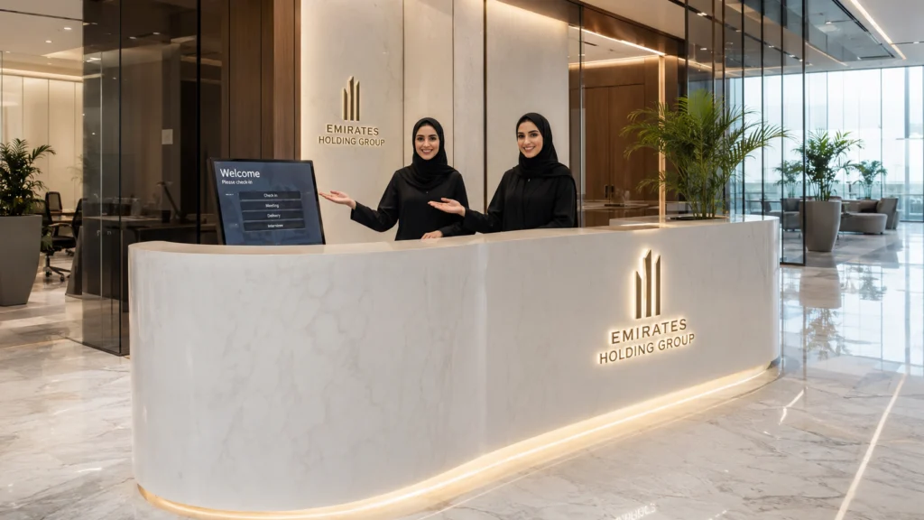 Customised UAE Reception Counter Branding Making Your Entrance a Business Impression That Turns Nicely